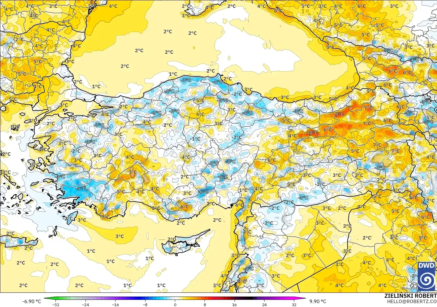 ICON modelo - Turkey, Temperature at 2m Anomaly