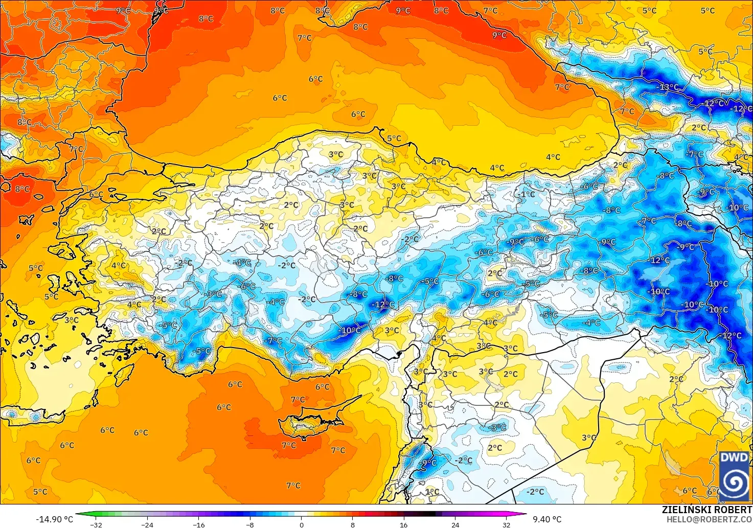 ICON modelo - Turkey, Temperature at 850hPa Anomaly