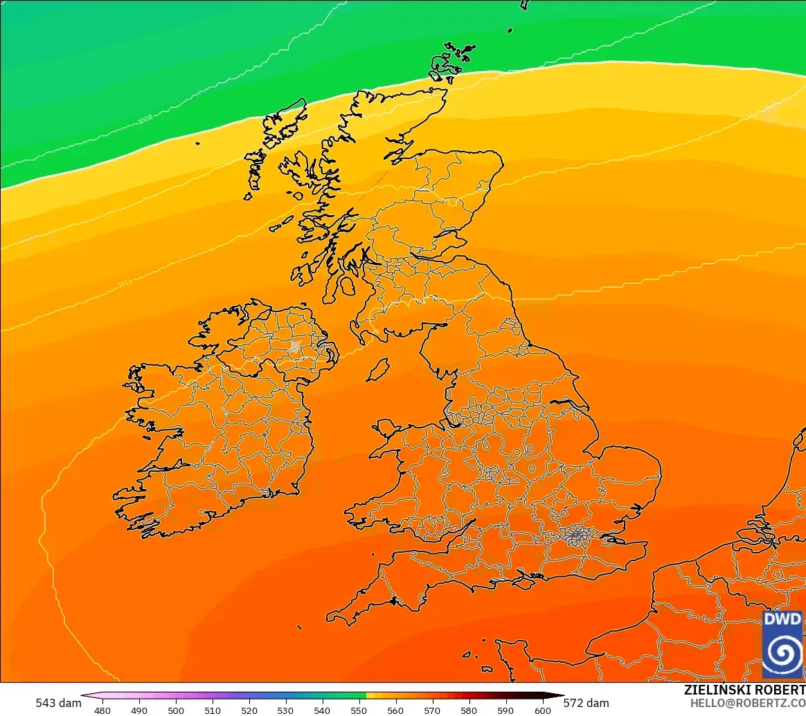 ICON modelo - United Kingdom, Geopotential height at 500hPa
