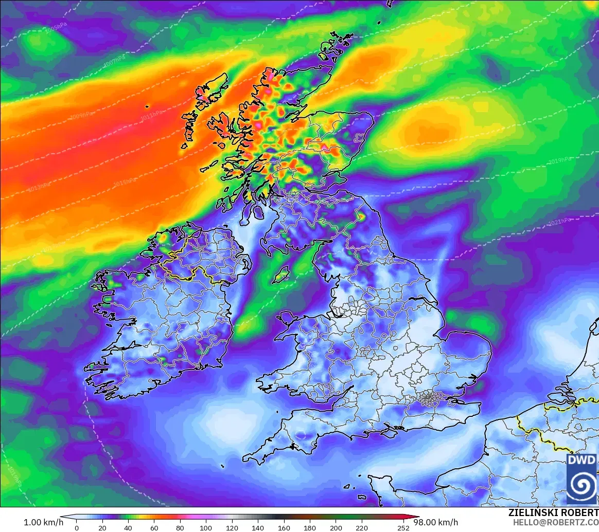 ICON modelo - United Kingdom, Wind Gusts Peak