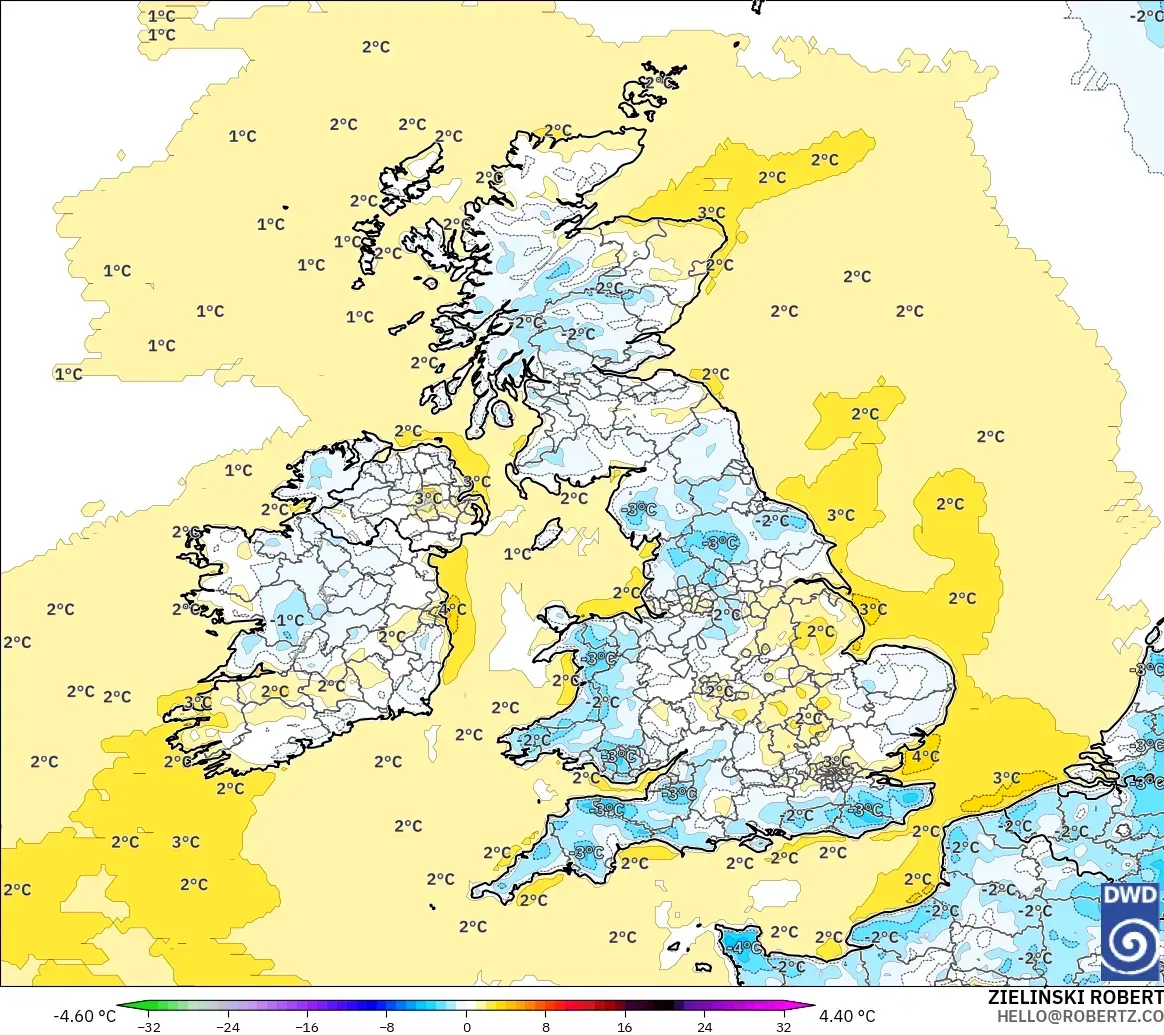 ICON modelo - United Kingdom, Temperature at 2m Anomaly