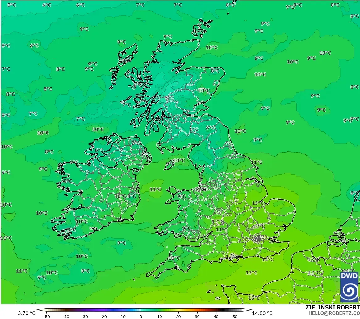 ICON modelo - United Kingdom, Temperature at 850hPa