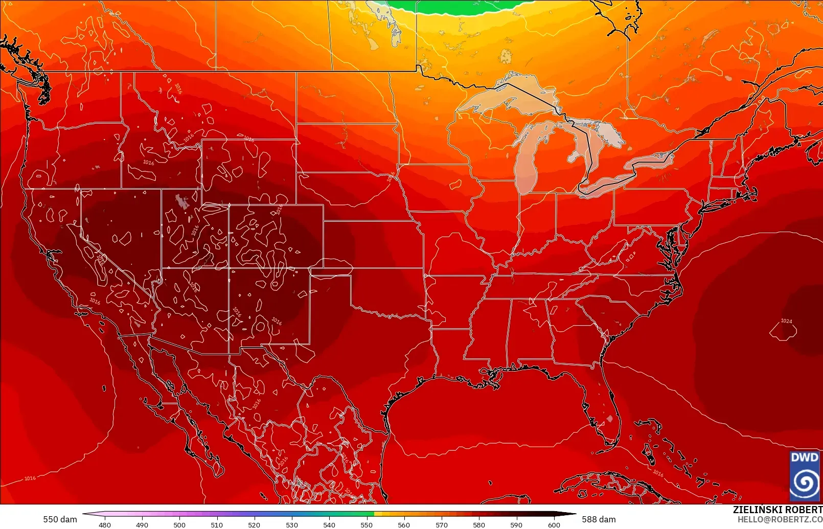 ICON modelo - United States, Geopotential height at 500hPa