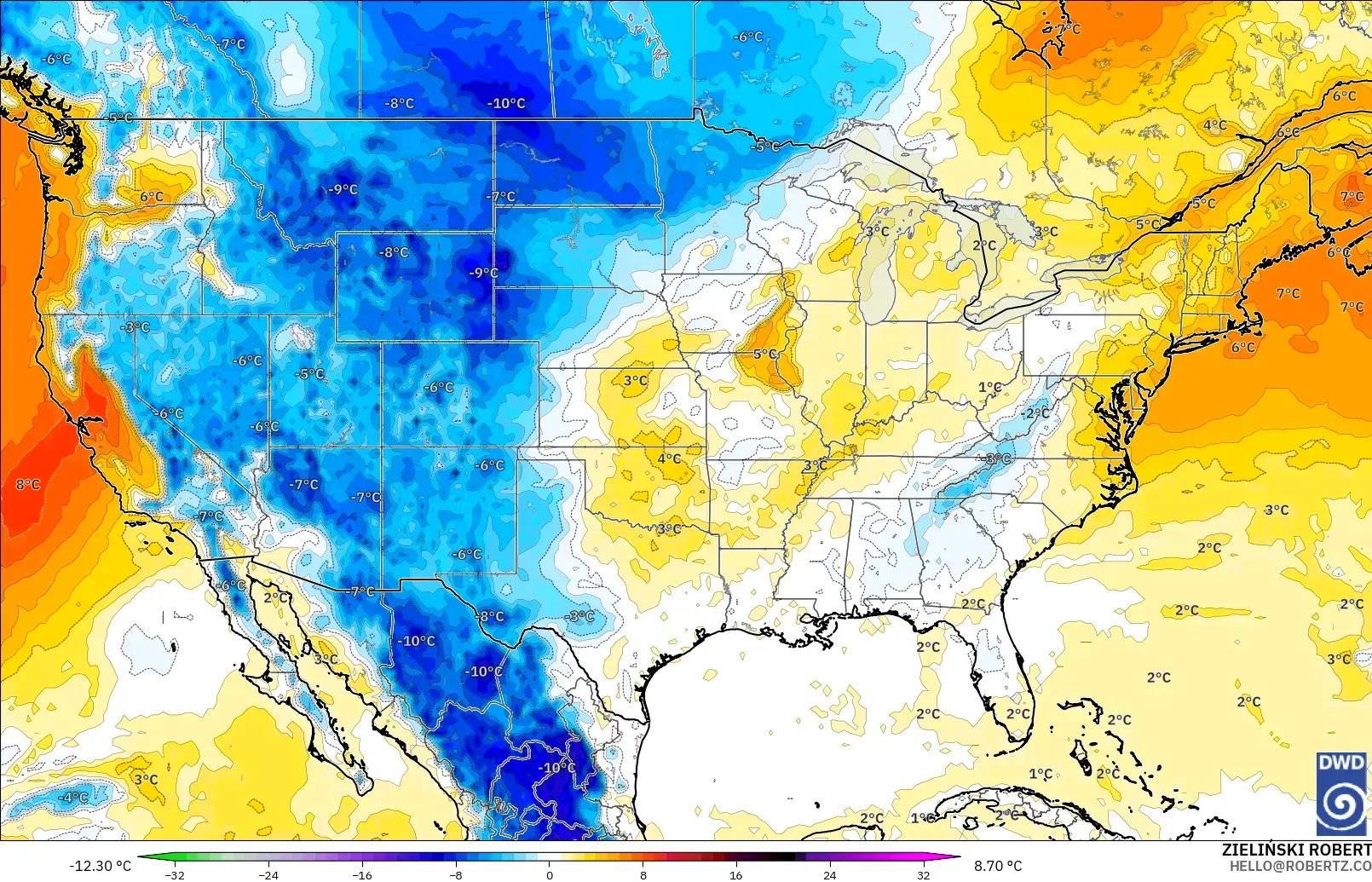 ICON modelo - United States, Temperature at 850hPa Anomaly