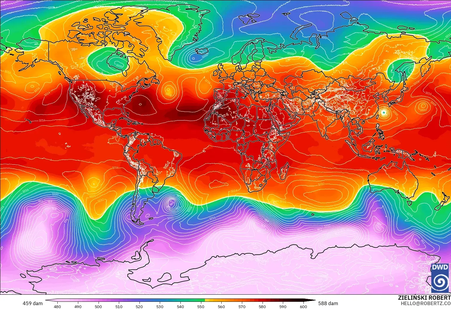ICON modelo - World, Geopotential height at 500hPa