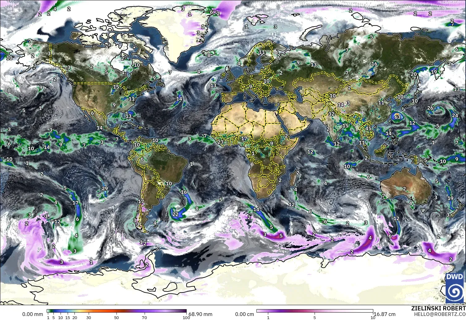 ICON modelo - World, Precipitation, Clouds, and Pressure