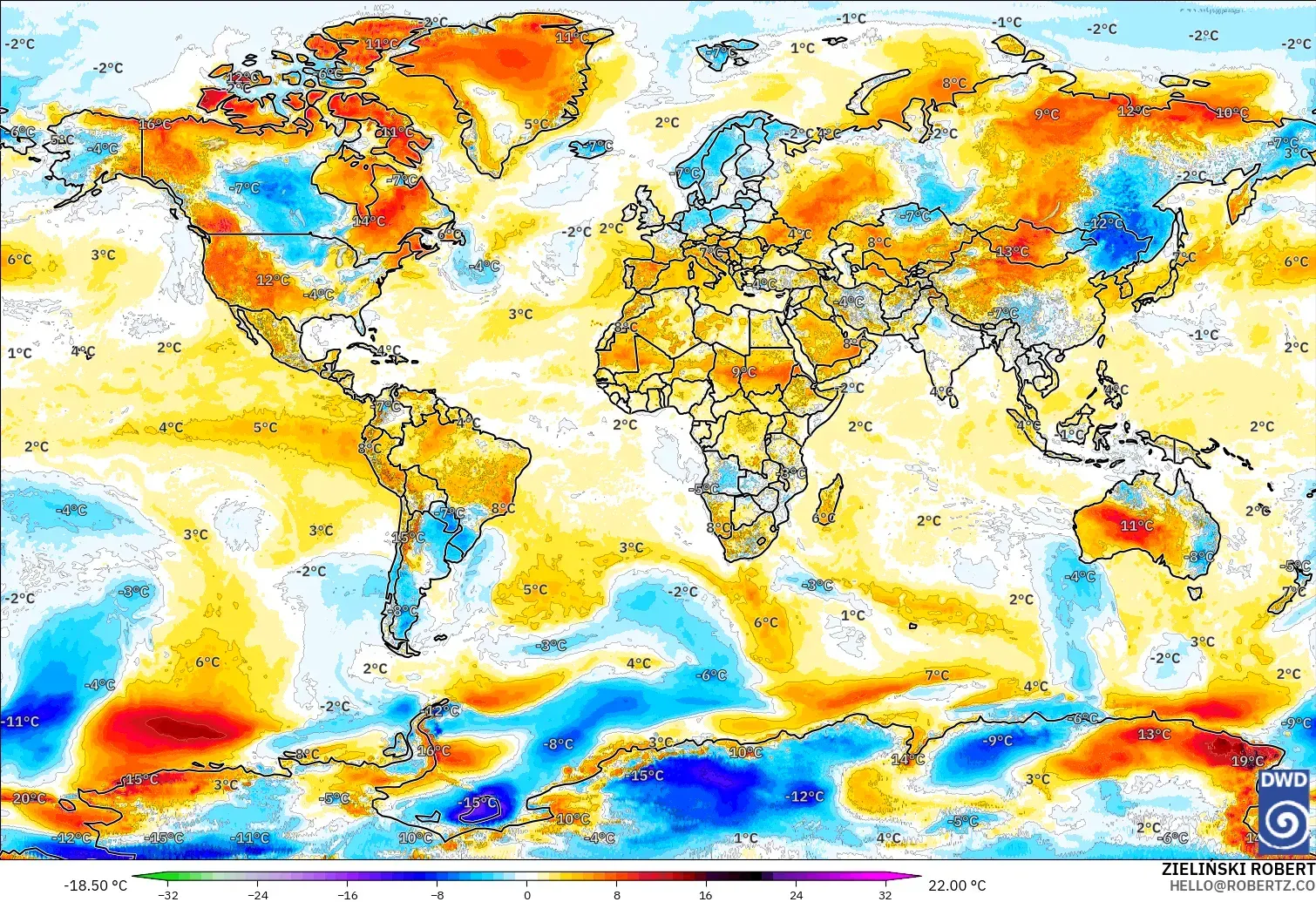 ICON modelo - World, Temperature at 2m Anomaly