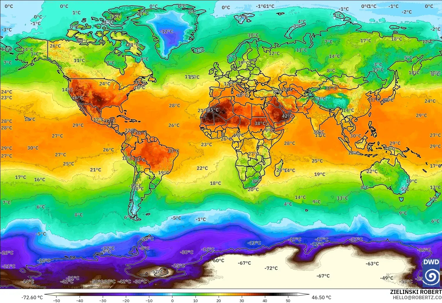 ICON modelo - World, Temperature at 2m