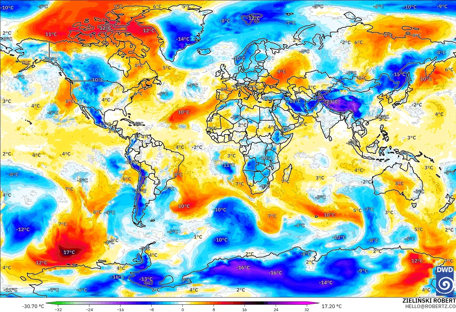ICON modelo - World, Temperature at 850hPa Anomaly