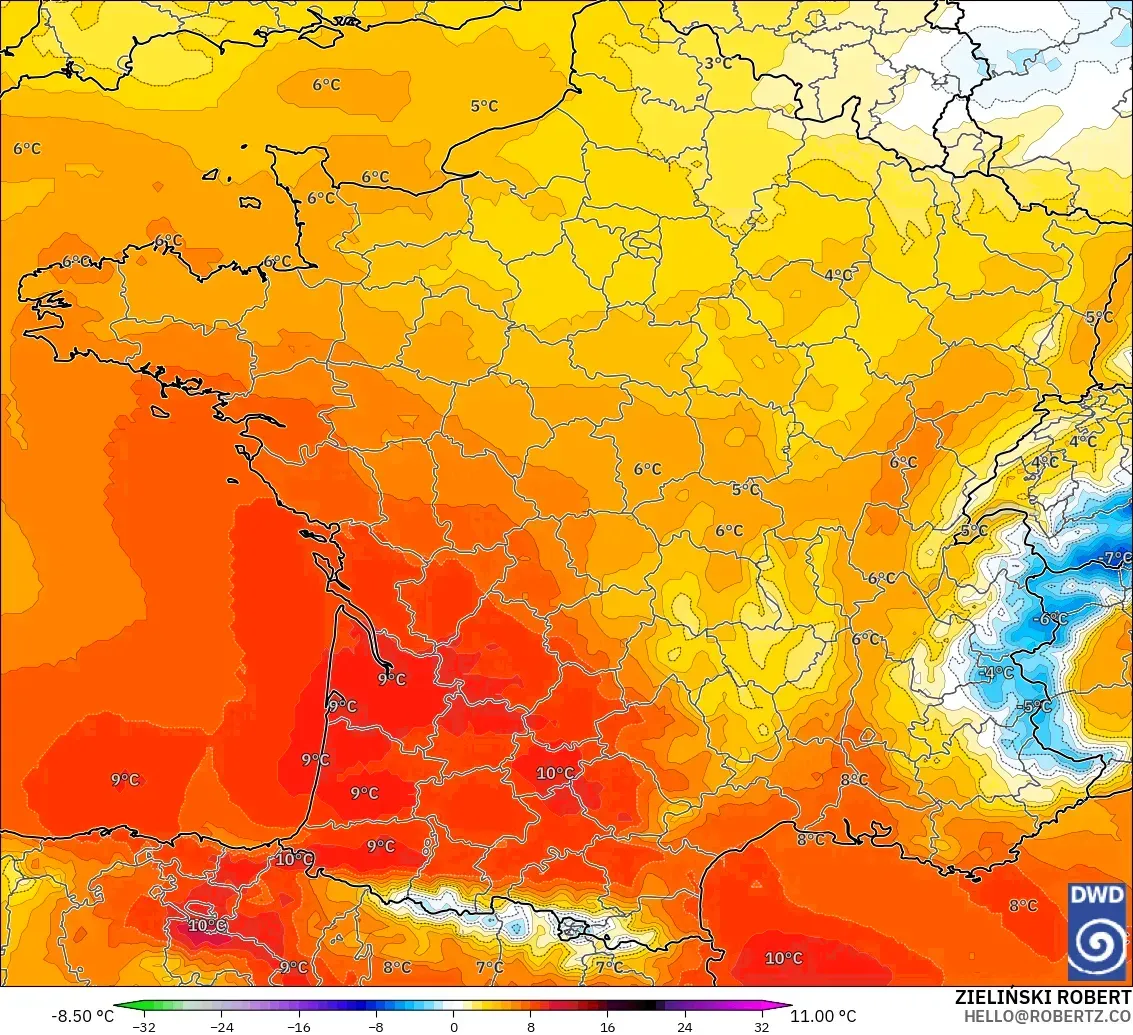 ICON modelo - France, Temperature at 850hPa Anomaly