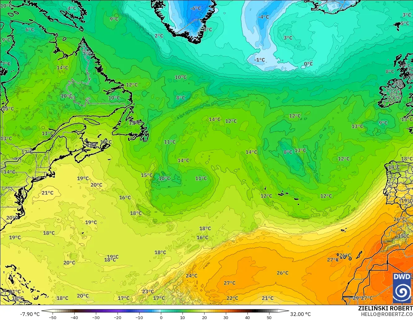 ICON modelo - North Atlantic, Temperature at 850hPa