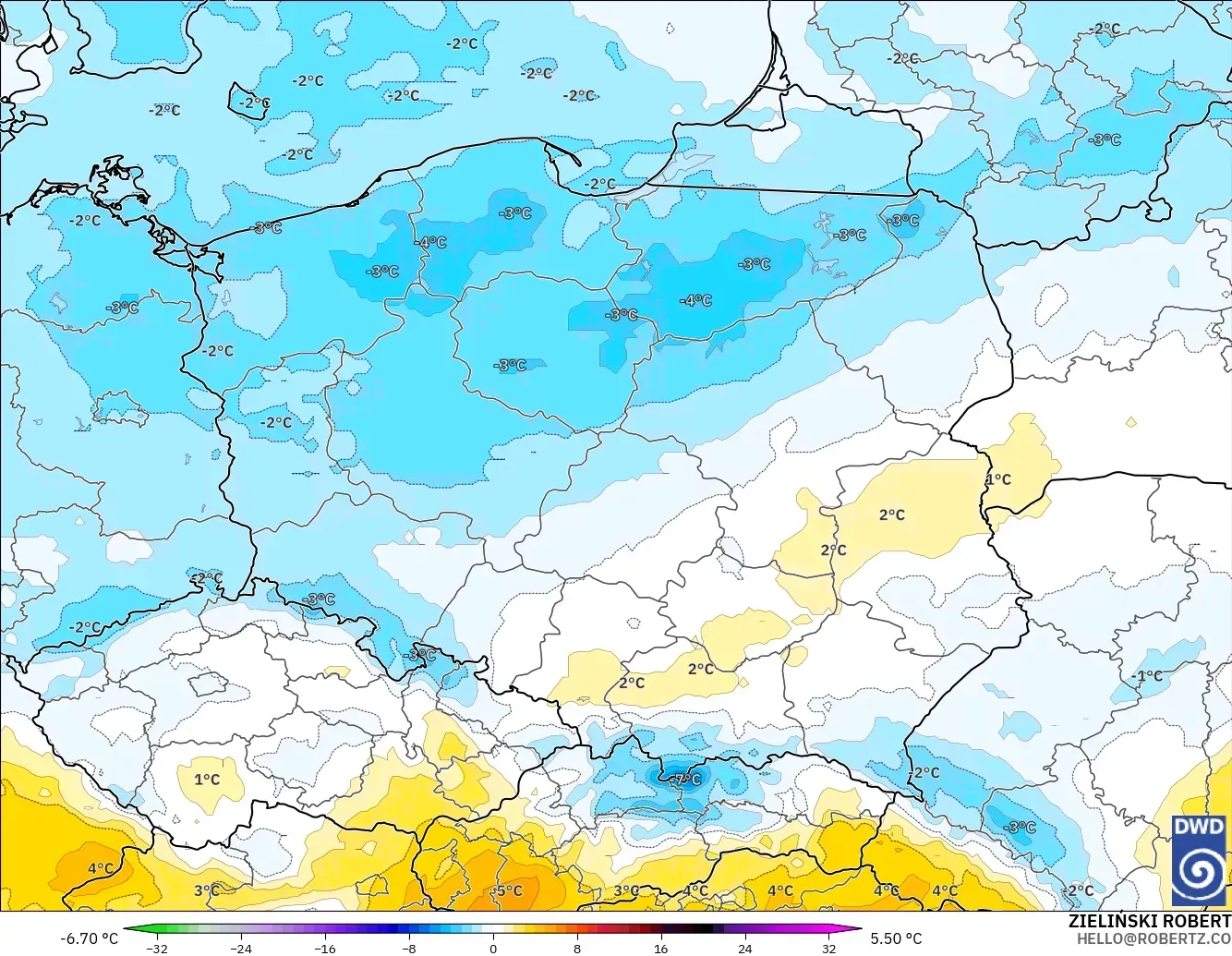 ICON modelo - Poland, Temperature at 850hPa Anomaly