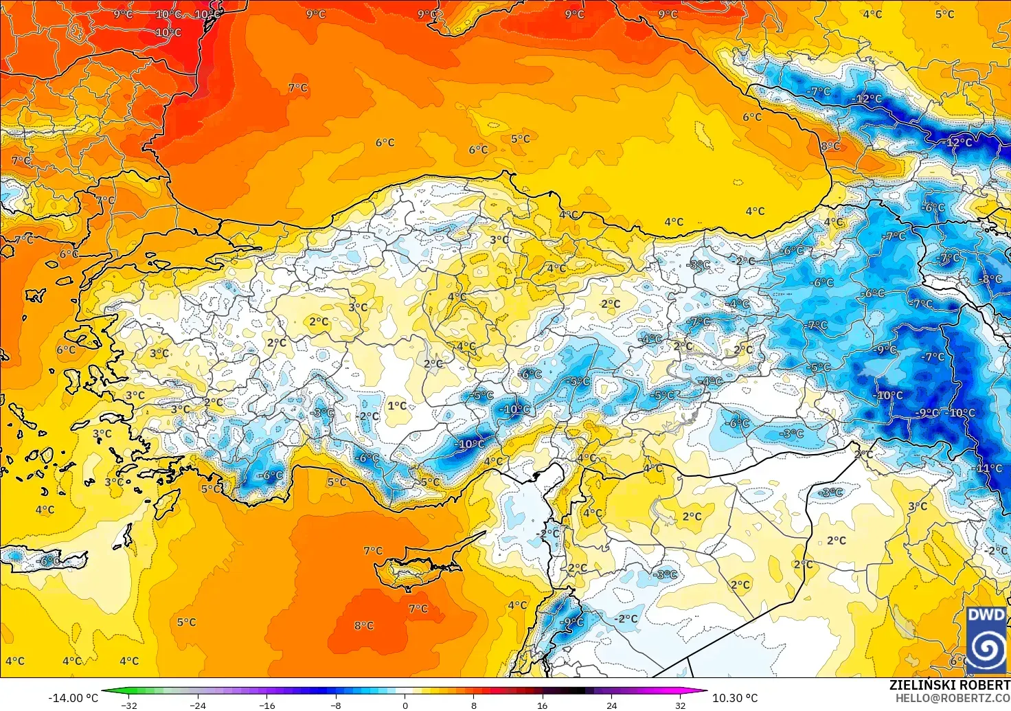 ICON modelo - Turkey, Temperature at 850hPa Anomaly
