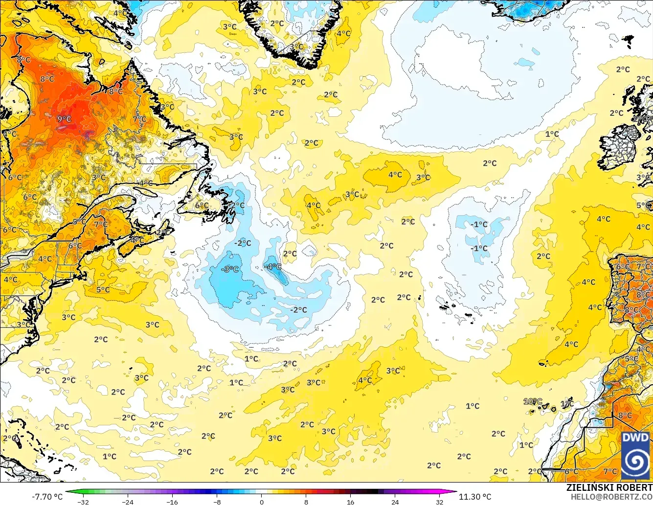 ICON modelo - North Atlantic, Temperature at 2m Anomaly